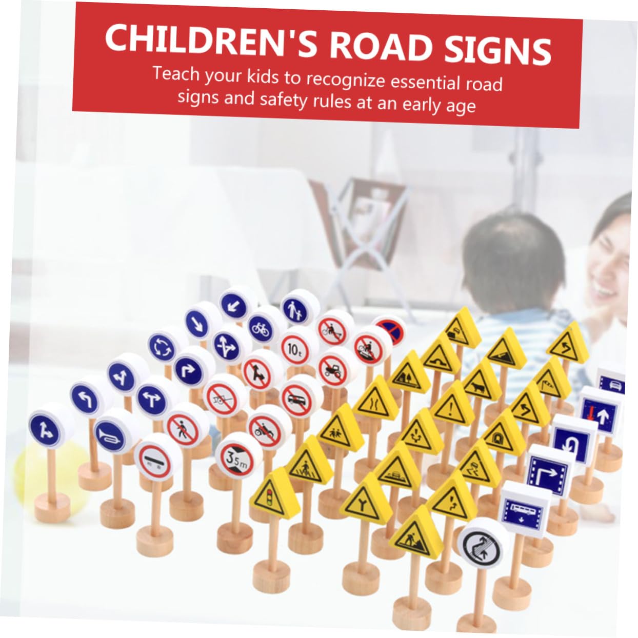 Jouet Éducatif Panneaux de Signalisation en Bois 50 Pièces, Résistant et Solide, pour L'apprentissage Ludique des Garçons et Filles Pendant Le Jeu
