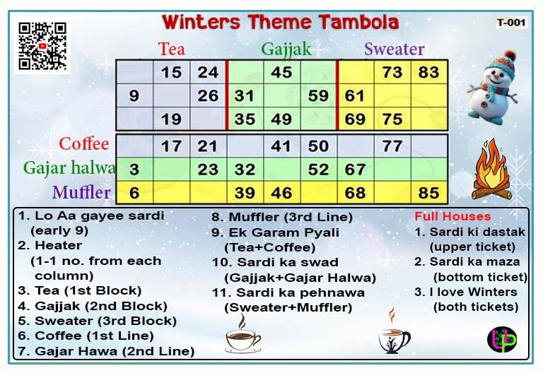Image of Winter Tambola Tickets Board Game - Winter 2S Theme | English | Fun & Engaging Bingo Housie Game for Kitty Parties, Friends & Family Gatherings (Set of 15 Tickets)