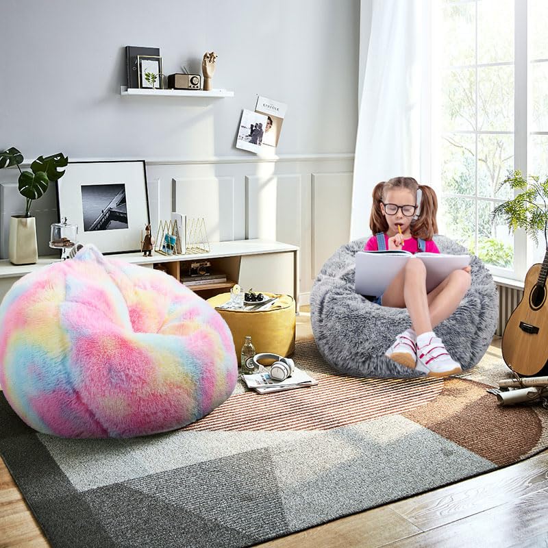 Image of Fluffy Bean Bag Chair, 3FT Round Memory Foam Filled Bean Bag for Teens & Kids, Ultra Soft Faux Fur Fabric Bean Bag Chairs for Playroom, Living Room, Bedroom, Gray