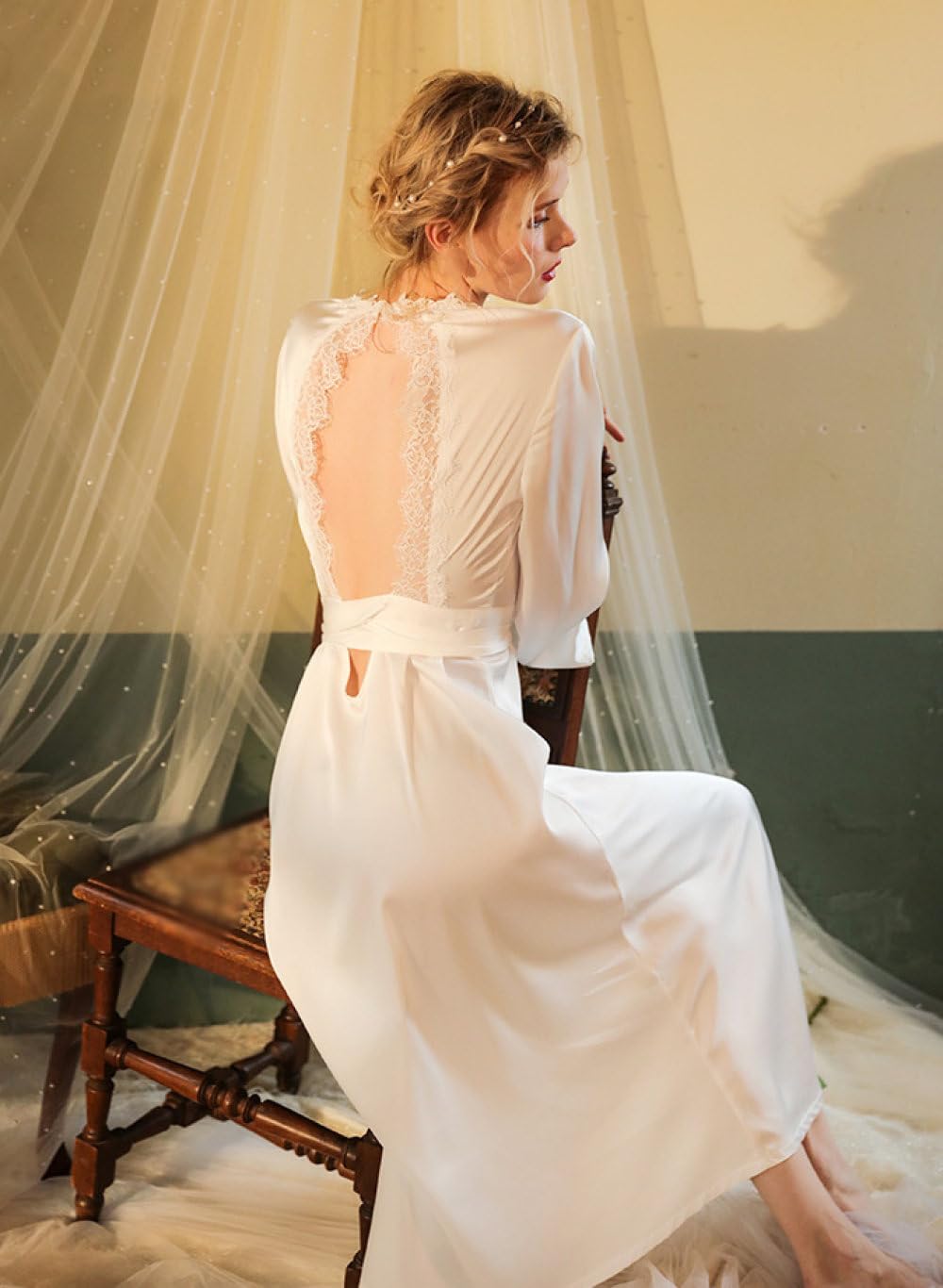Kimono Sexy Sin Espalda Camisón de Satén Sedoso Bata de Novia Albornoz Largo de encaje Floral Ropa de Dormir con Cuello en V para Mujer Fiesta de Camisón de Boda,Blanco,L