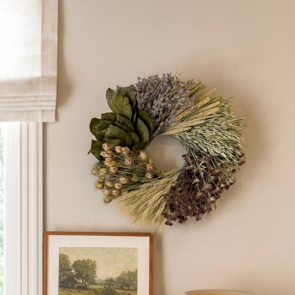 Dried Flower Wreath, Preserved Botanical Wreath, 20 Inch Handmade Wreath with Lavender, Oats, Nigella Pods and Natural Grains for Indoor Home Decor