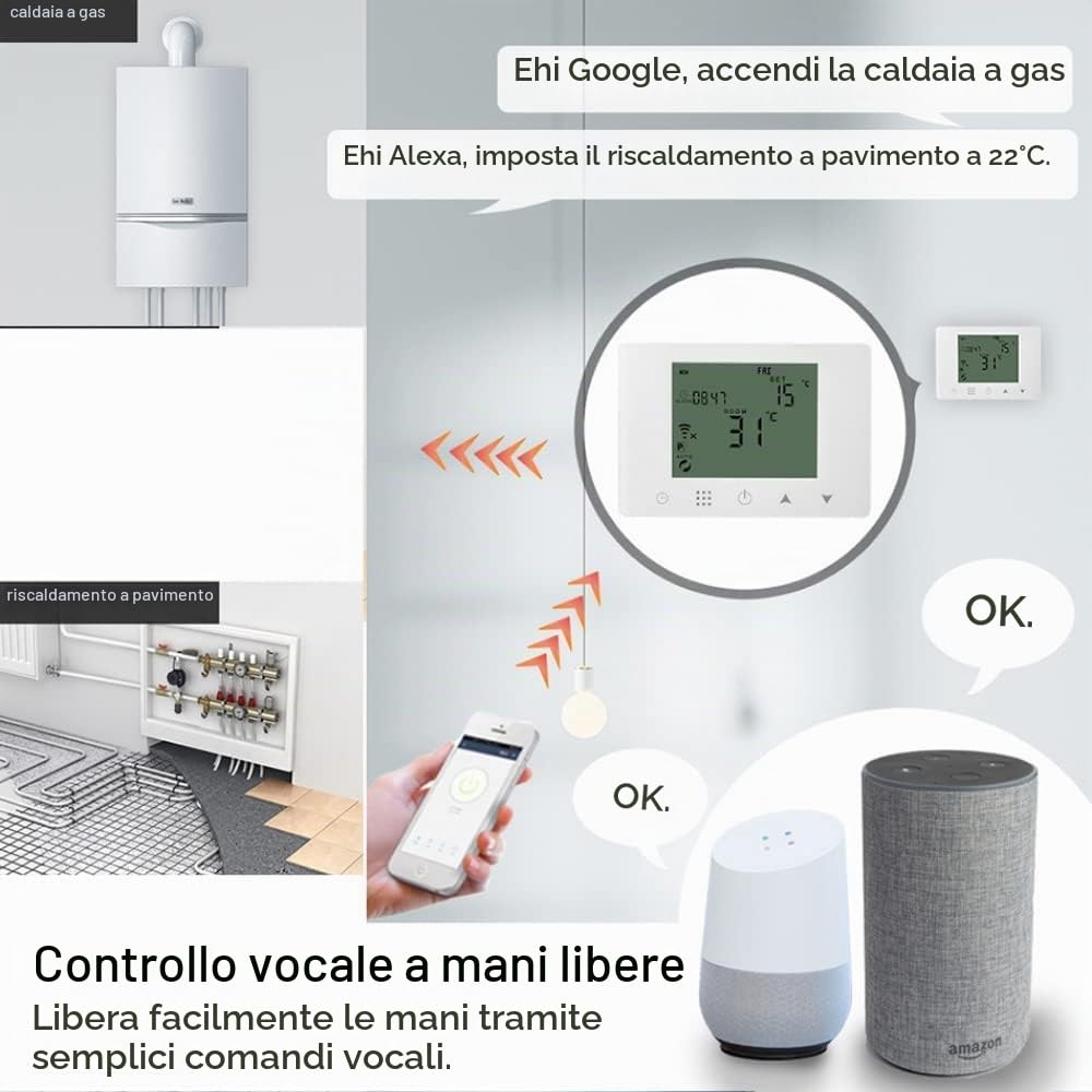 ANFEL Termostato Ambiente Caldaia Wifi Alexa | Cronotermostato Smart Intelligente Touch Screen Da Parete Monta Su Cassetta Incasso 503 Alimentazione 220V Per Riscaldamento Domestico Con Timer