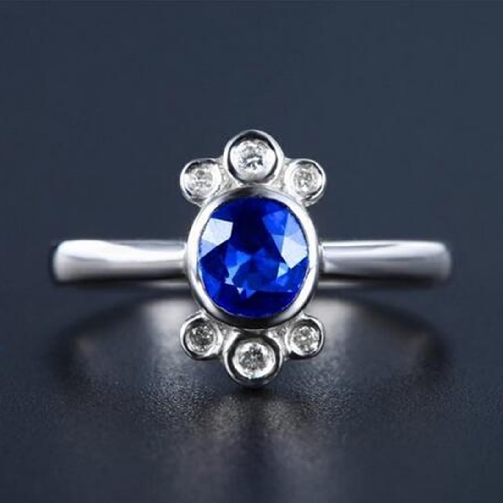 Anillo de compromiso de oro blanco de 18 quilates para mujer, zafiro azul ovalado, anillo para mujer ovalado con zafiro de 1,13 quilates y anillo de diamante para mujer