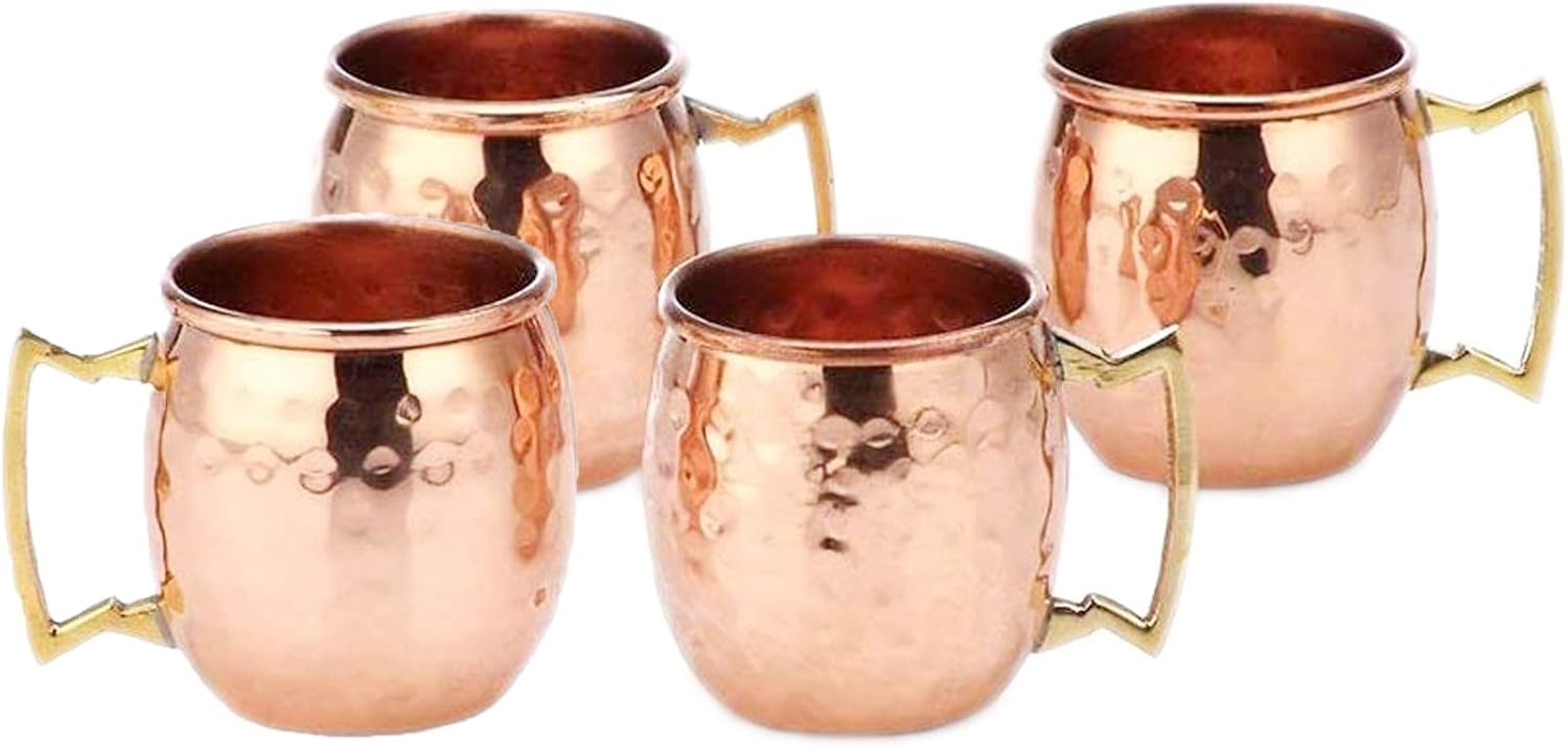 PARIJAT HANDICRAFT Set of 4 copper moscow mule mugs authentic and solid cups glasses hammered finished capacity- 16-Ounce