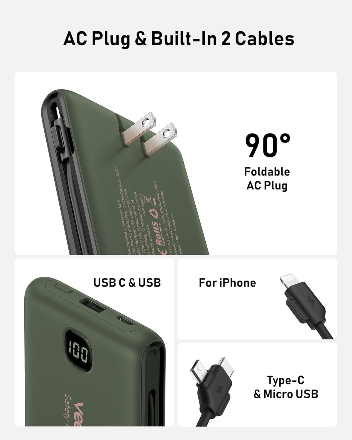 Portable Charger Power Bank Built in Cables and Wall Plug, 10000mAh iPhone Battery Pack Fast Charging, USB C External Slim Power Bank, Travel Essentials Compatible with iPhone 17 16 15 14 13 iPad - Image 2