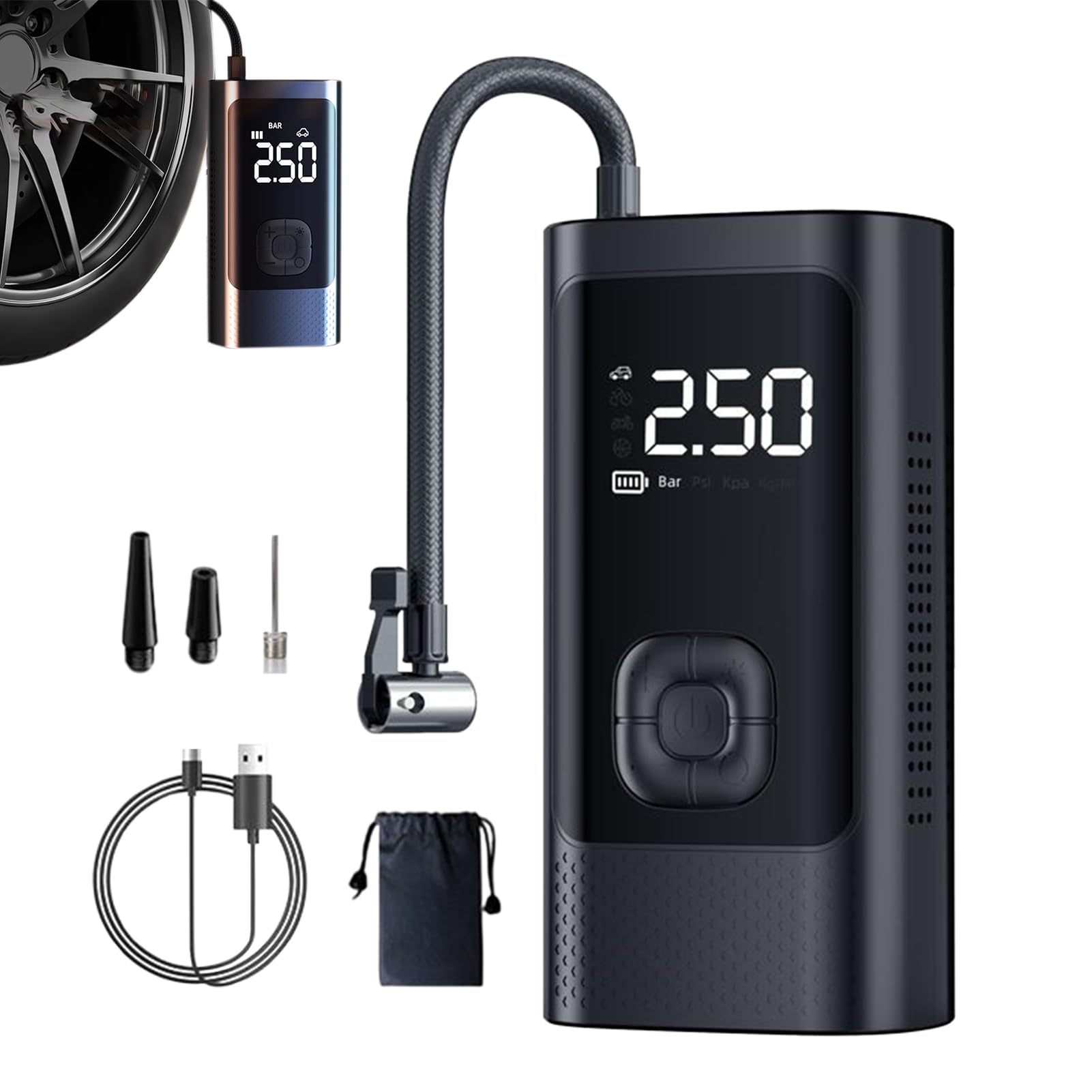 Gonfiatore portatile per auto, 3-150 psi, pompa per pneumatici per bici, senza fili, con luce LED, per viaggi e pendolari quotidiani