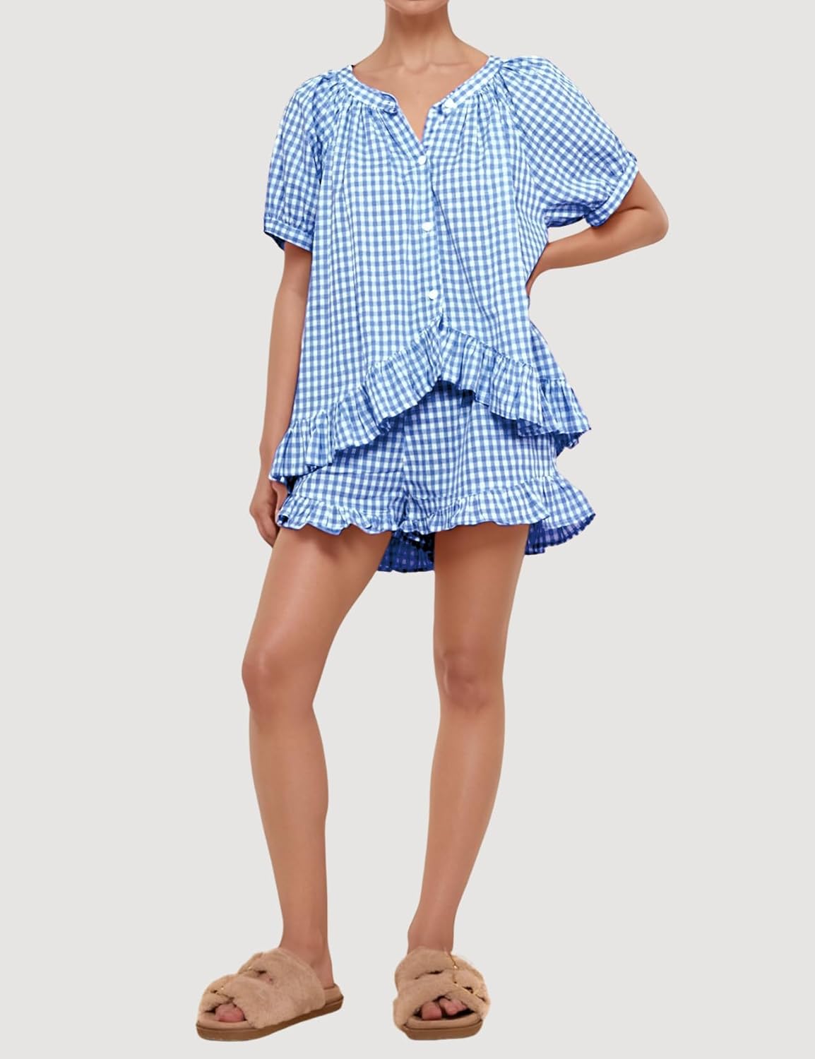 Wyeysyt Womens Gingham Pajamas Set 2 Piece Cotton Pj Sets Ruffle Babydoll Shirt and Plaid Shorts - Image 2