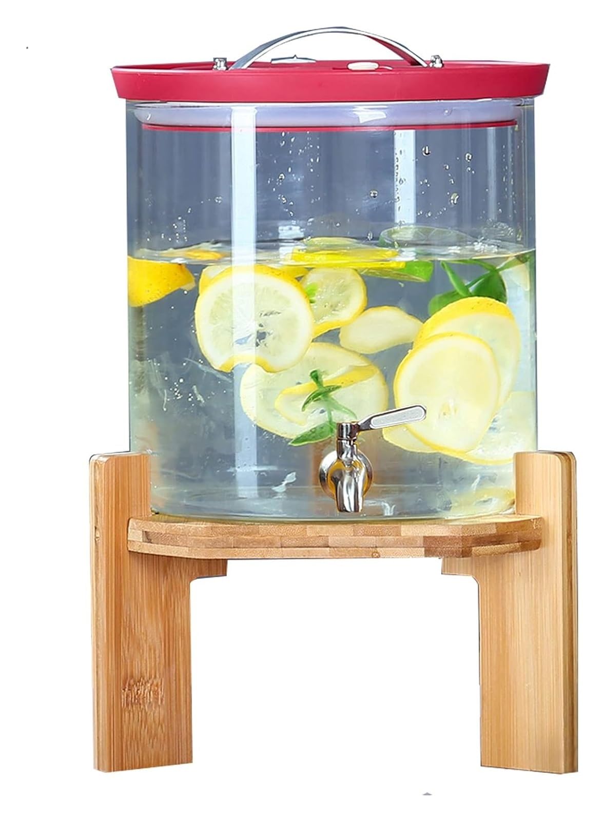 Glass Water Dispenser With Metal Wire Stand With Tap, Drinks Dispenser With Bamboo Wood Stand, Vintage Beverage Dispensers For Juices Or Any Other Drink, Juice Dispenser (Red Plastic Cover-7.5L)