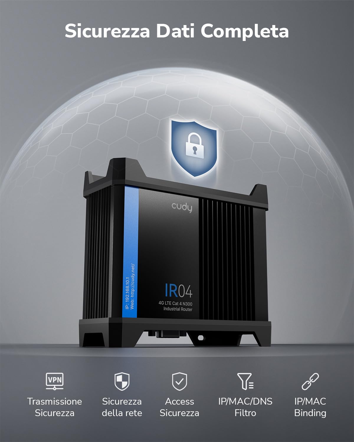 Router Wi-Fi industriale Cudy 4G LTE N300 Cat 4, doppia SIM, RS232/422/485, IP30, alimentazione PoE, controllo tramite app o web, guida DIN, montaggio a parete, IR04