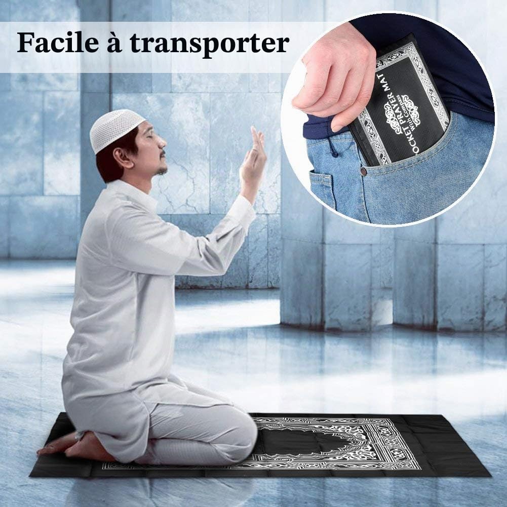 Tapis de Priere de Poche, Hitopin Tapis de Prière Islamique de Voyage, avec Boussole et Sac de Transport, en Polyester Etanche 60 x 100 cm