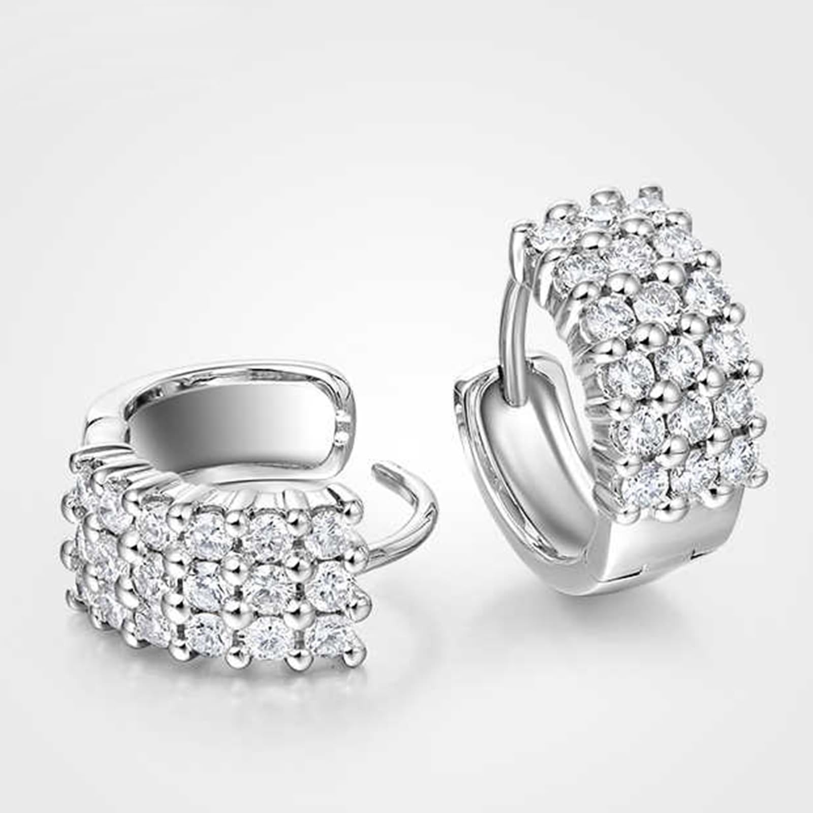 Epinki Creole Hoop 9K/14K/18K białe złoto, 3 rzędy damskich kolczyków na sztyfcie z diamentem (okrągły szlif, biały), kolczyki damskie 18/14/9-karatowe złoto, prawdziwa biżuteria,