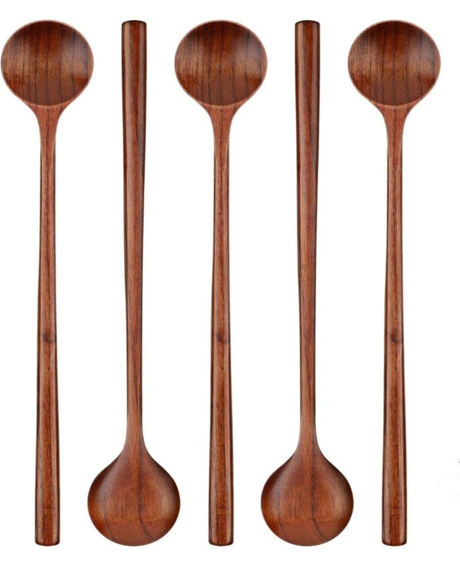 Bros Moon Long Soup Spoons, 5 Pieces Korean Style 10.9 Inches Handmade Wood Round Spoons for Soup Cooking Mixing Stirrer Kitchen Tools Utensils Set (3)