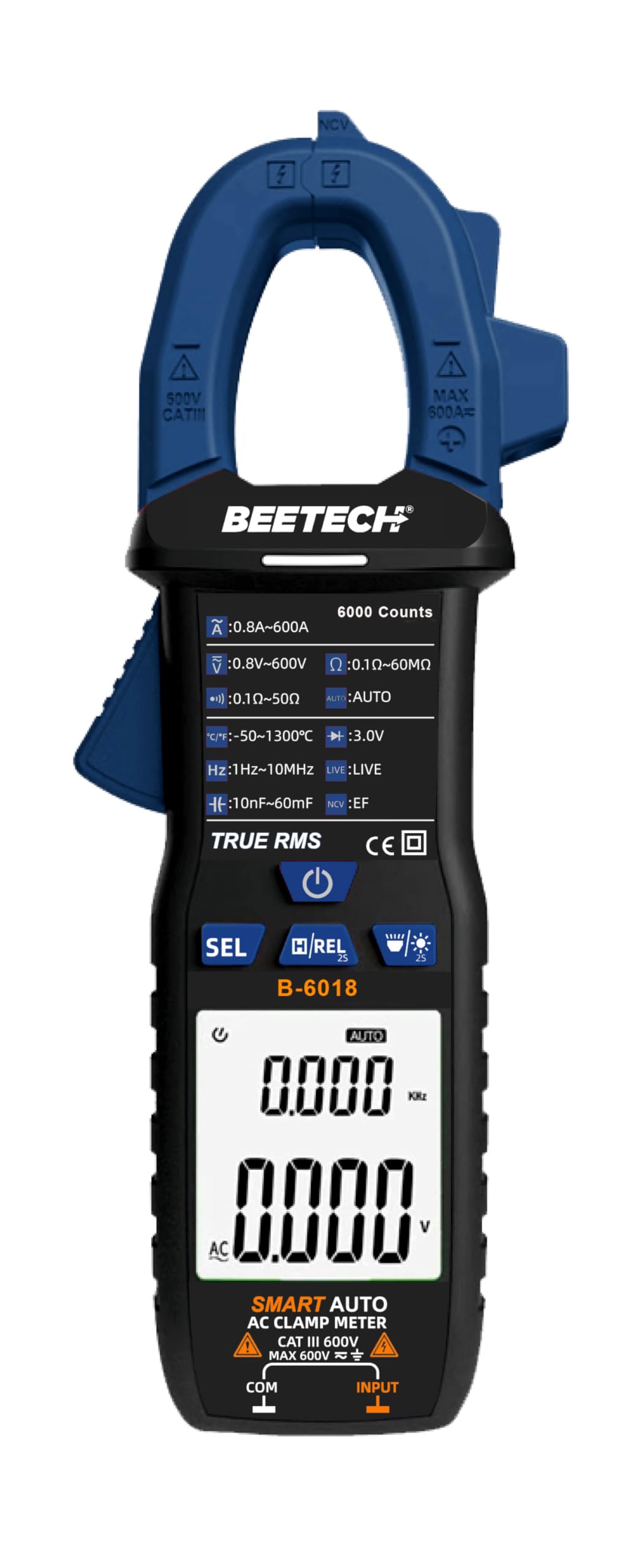 Beetech® B-6018 600A AC, 600V AC/DC True-RMS SMART Digital Clampmeter, 6000 Counts 3 5/6 Digits with Dual Reading, Resistance, Capacitance, Freq., Temp., NCV, Diode Test, Overload Protection & more