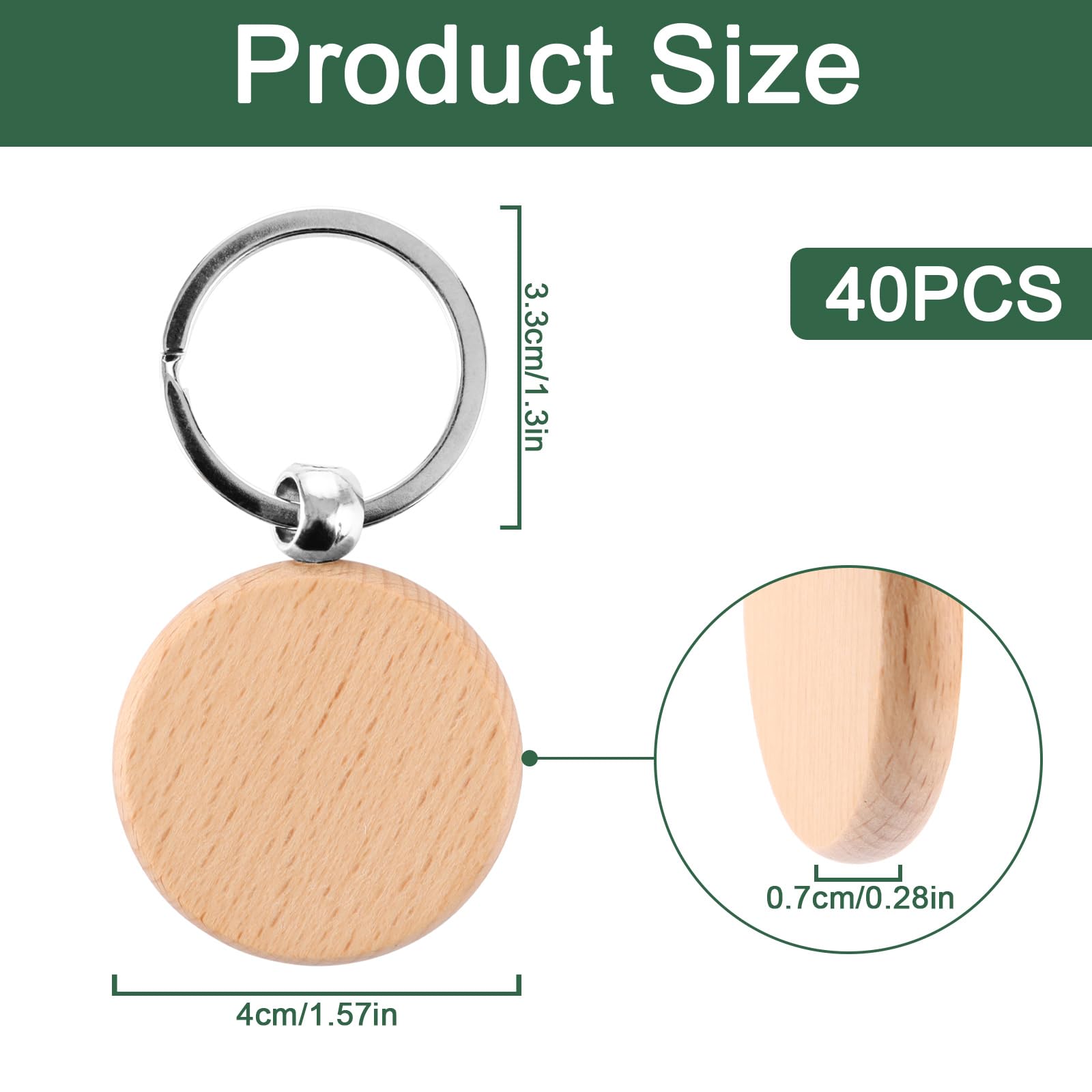 WOPPLXY 40 Pièces Porte Clés Bois Vierges, Porte-Clés en Bois Naturel, Porte-clés Ronds pour Pyrogravure, Gravure, Bricolage Artisanat (Diamètre 4cm, Épaisseur 0,7cm)