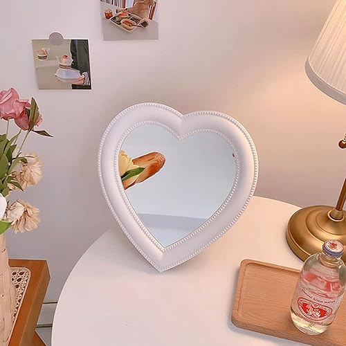 Miniatura 3 de Mokoze Espejo de corazón de escritorio, espejo de pared con soporte para colgar, 11 x 10.6 pulgadas, blanco para decoración de mesa del hogar,