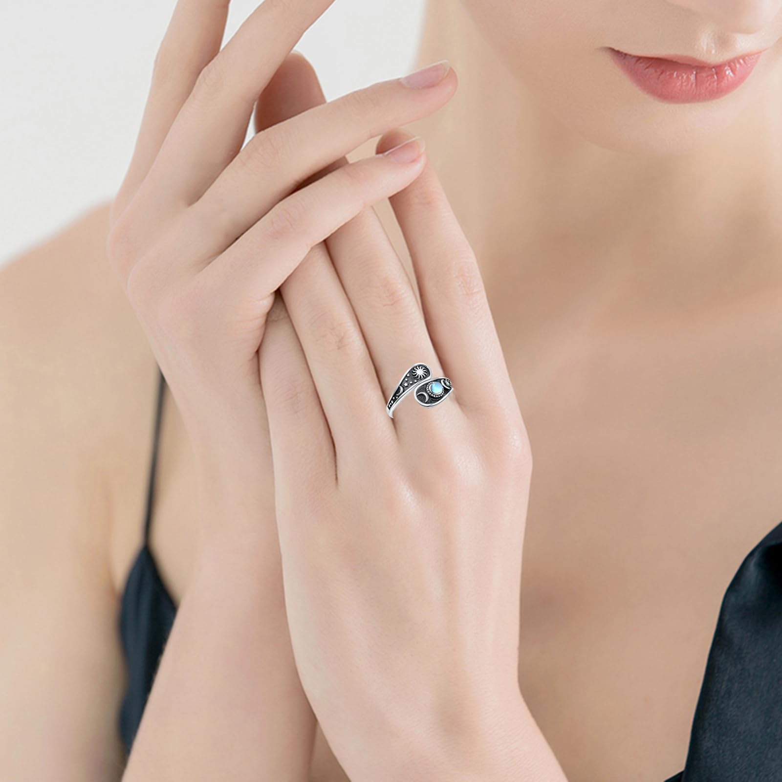Löffel Ringe für Frauen Sterling Silber Sonne Mond und Stern Löffel Ringe Mondstein Löffel Schmuck für Frauen