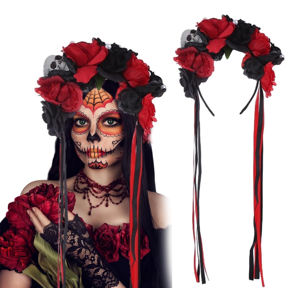 Mexican Flower Headband Day of the Dead Rose Floral Crown Headpiece for Women Girls Halloween Costume Bridal Cosplay (Black Red)-image-15