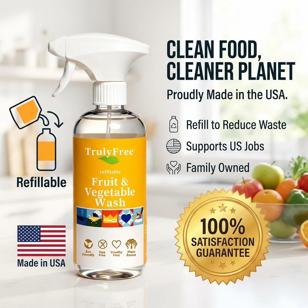 Truly Free Kit de iniciación de lavado natural de frutas y verduras, limpiador de verduras y productos orgánicos y lavadora de frutas, suministros para la salud y el hogar, botella de spray de 16