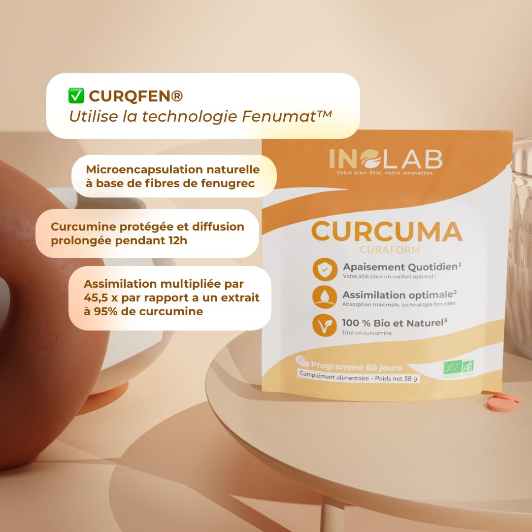 Curcuma BIO breveté CurQfen® | Curcumine microencapsulée biologique = assimilation supérieure à la pipérine poivre noir | Résultats prouvés par études cliniques| Curaform