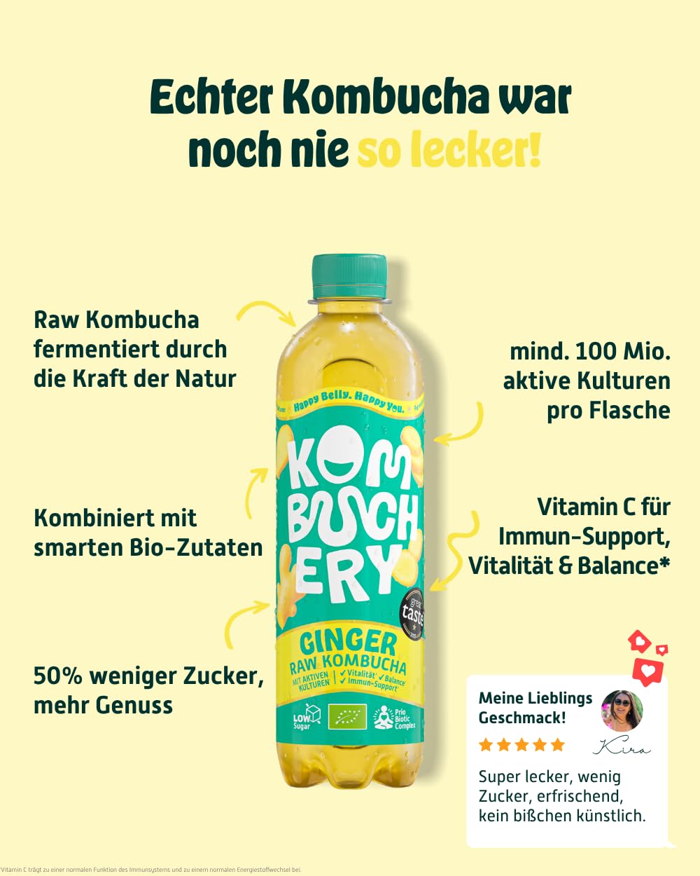 KOMBUCHERY® Ginger Raw Kombucha BIO | 18 x 400ml | Fermentierter Tee mit aktiven Darm-Kulturen | Zuckerarm & Kalorienarm | Unpasteurisiert, PrioBiotic, Vegan, Testsieger | inkl. 4,5€ PFAND