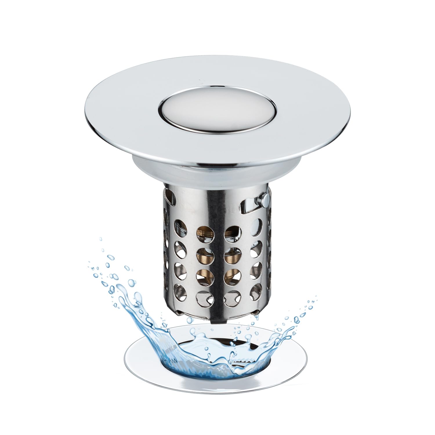Abflusssieb Waschbecken, Pop Up 3 in 1 Abflussstopfen mit Sieb und Abnehmbarem Edelstahl Filterkorb Stöpsel Waschbecken, Waschbeckenstöpsel für 28–58 mm Waschbecken, Messing Kugelkern, Chrom