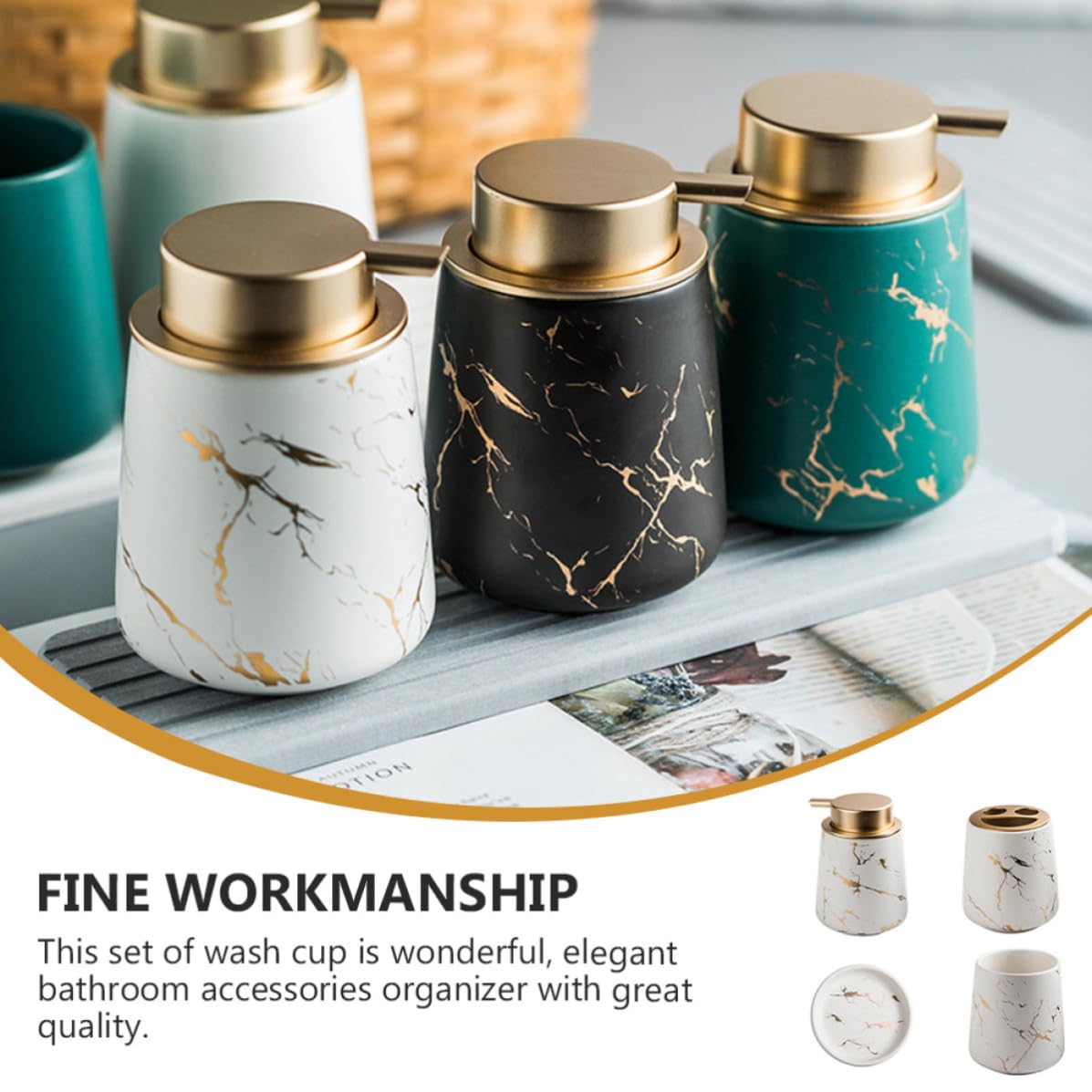 Set Accessori Bagno Ceramica Bianco Due Tazze, Flacone e Vassoio | Organizer Multiuso, Stile Semplice Classico, per Lavaggio e Igiene Quotidiana