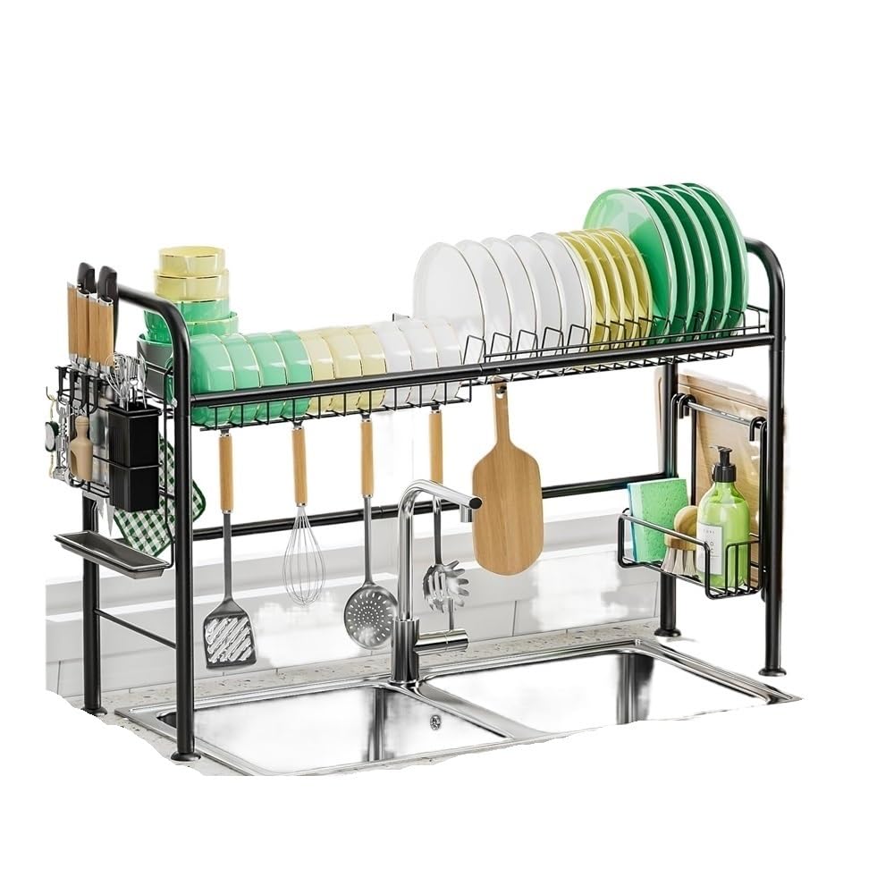 Jobaojiang Over The Sink Dish Drying Rack, Metal Dish Drying Racks For Kitchen Counter With Hooks, Utensil Holder, Kitchen Essentials(2-tier)