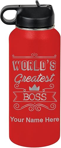 Miniatura 32 de LaserGram Botella de agua personalizada, World's Greatest Boss, acero inoxidable de doble pared aislada al vacío con popote superior, regalo grabado