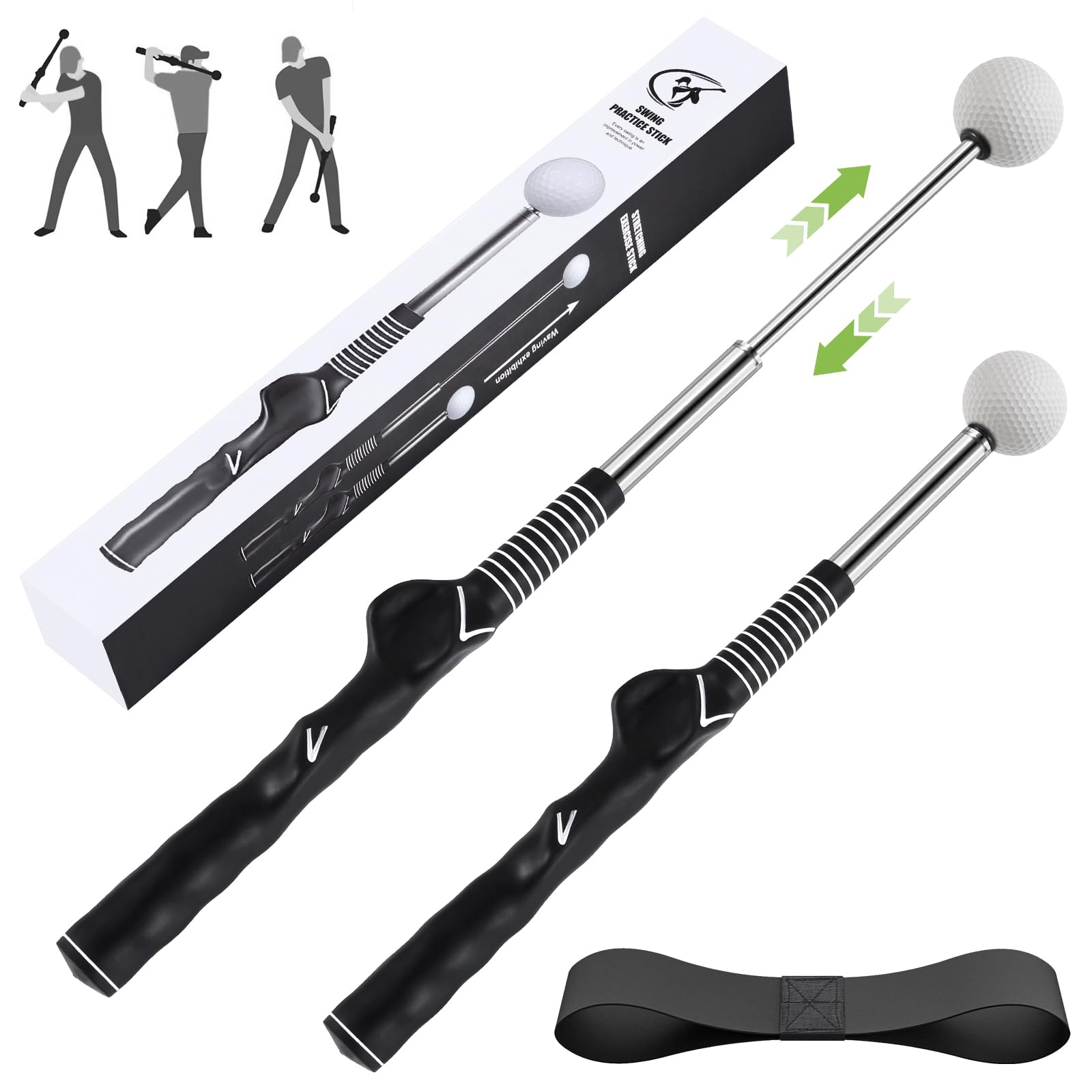 MIKOSI Retractable Golf Swing Trainer, Golf Grip Trainer and Right-Handed Golf Training Aid for Chipping Hitting, Ideal Golf Swing Training Aid with Arm Band for Indoor & Outdoor Use