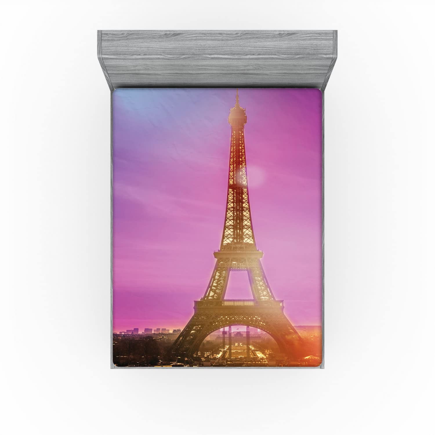 Ambesonne Eiffel Tower 2 Pack Fitted Sheet, Colorful Sky Paris, Bed Cover All-Round Elastic Deep Pockets 2 Pieces, Package Contains 2 Full Size Fitted Sheets, Purple Orange