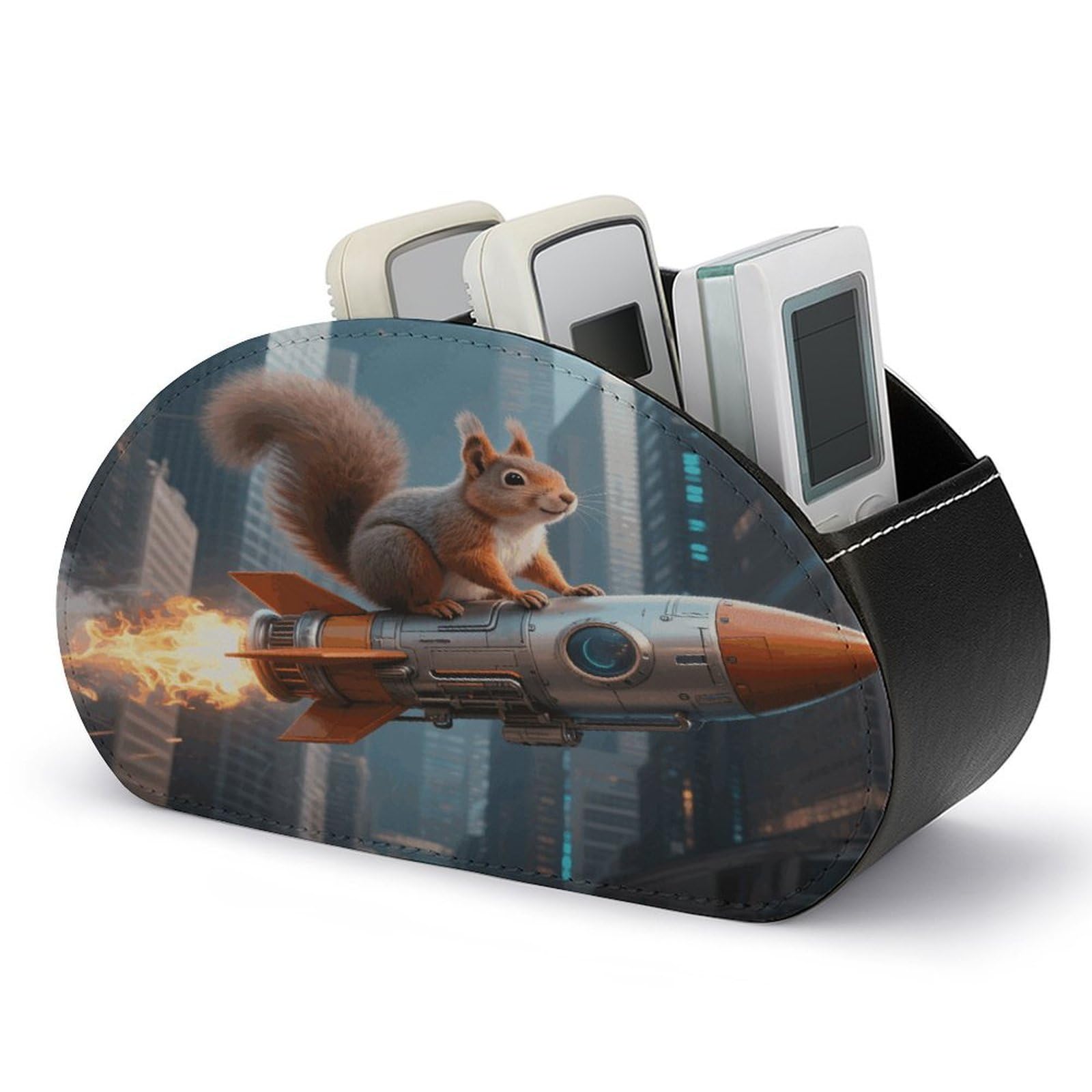 VstaDank Rocket Squirrel Remote Control Holder PU Leather Multifunctional Office Makeup Organizer Brush Holder Desktop Storage with 5 Compartments