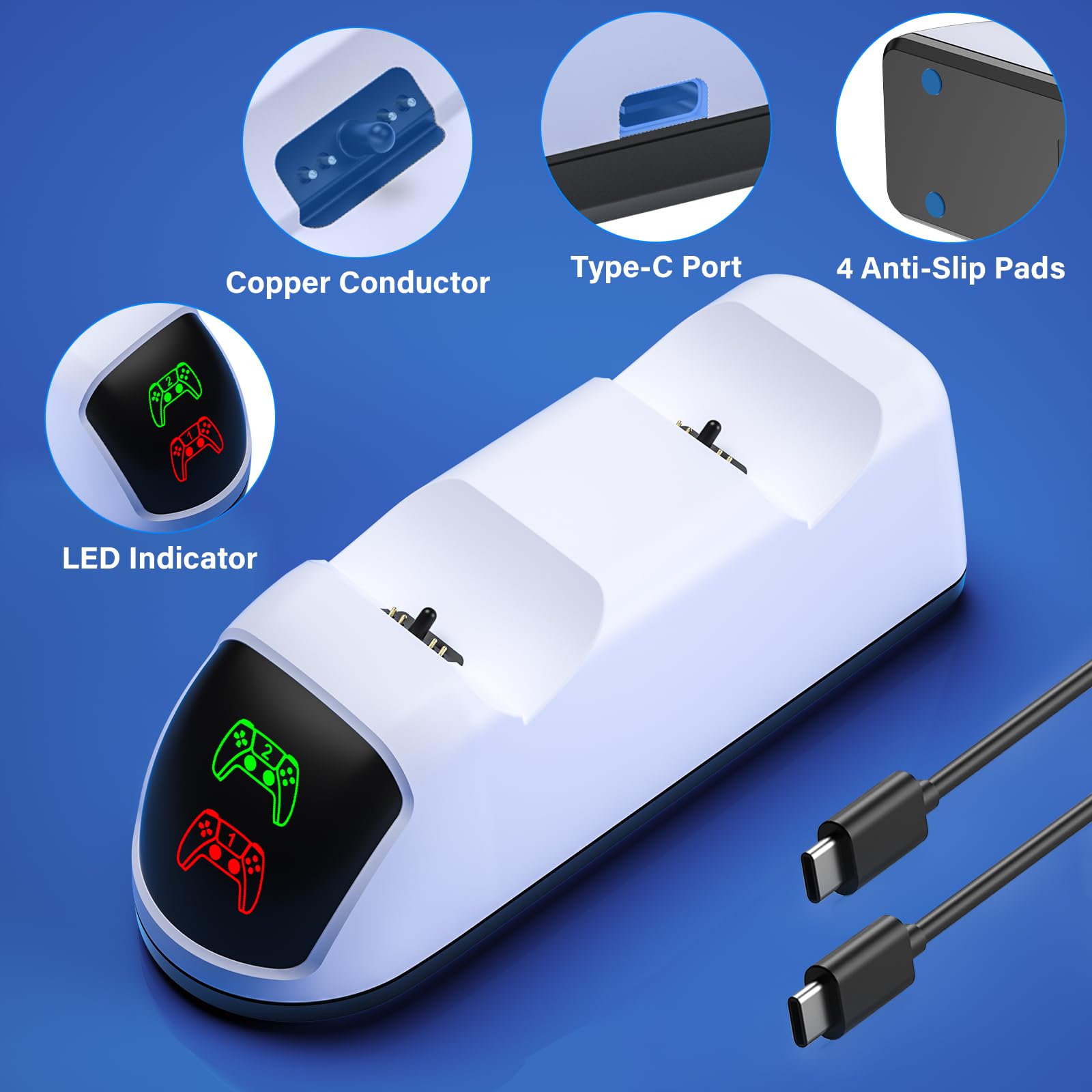 Estación de carga de controlador PS5 para PlayStation 5 Dualsense, base de carga de controlador PS5 con indicador LED, estación de carga para controladores PlayStation 5 con cable de carga rápida