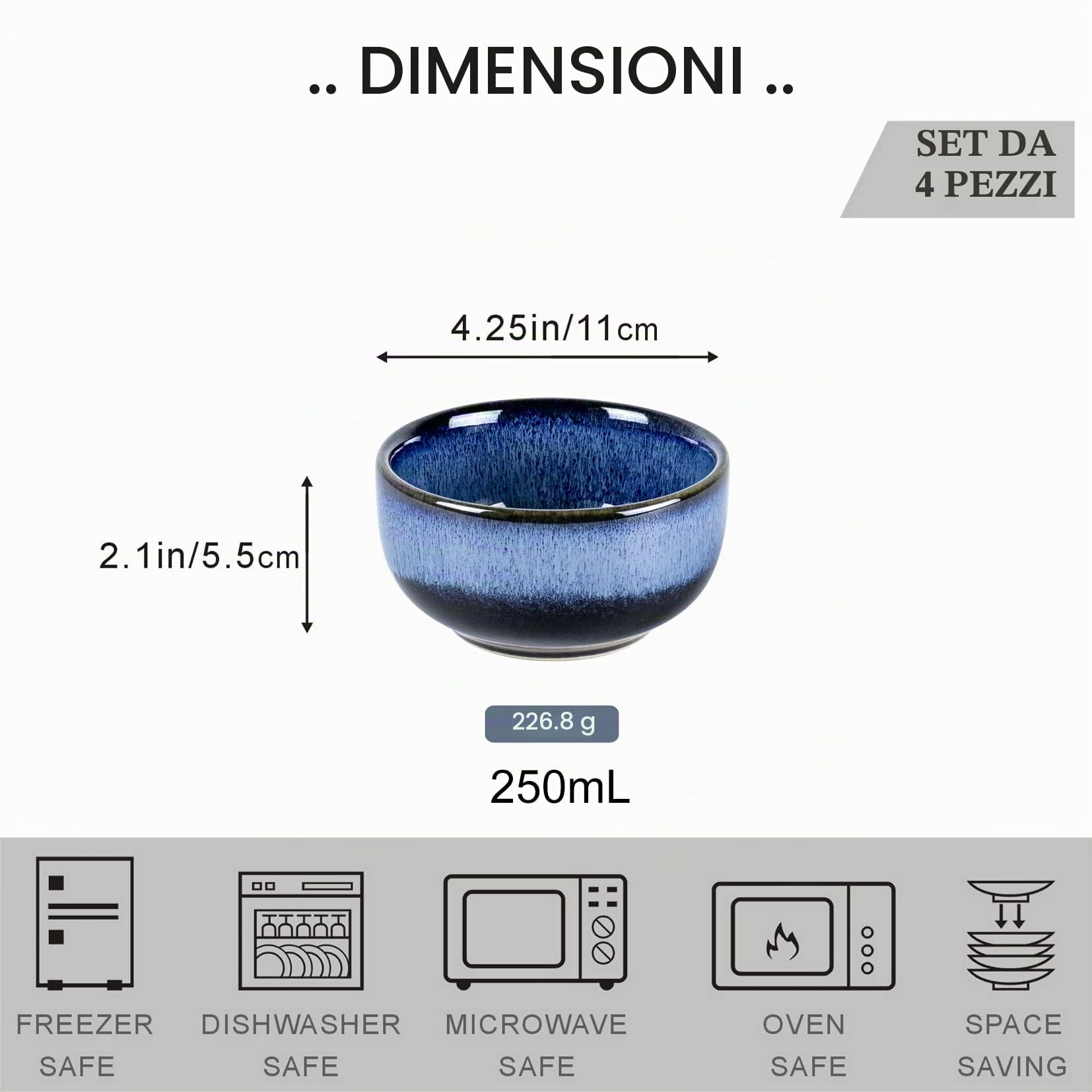 UNICASA Ciotole Tapas e Salse, Ciotole Cereali Colore Blu, Piatto Dessert e Verrine 4 Pz per Microonde Colazione, Servizi da Tavola - Blu
