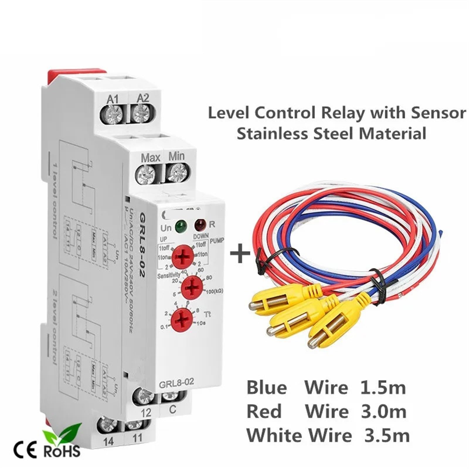 GRL8 Relé de control de nivel de líquido Controlador electrónico de nivel de líquido 10A AC/DC24V-240V 1 Uds (Size : GRL8-01 ACDC24V-240V)