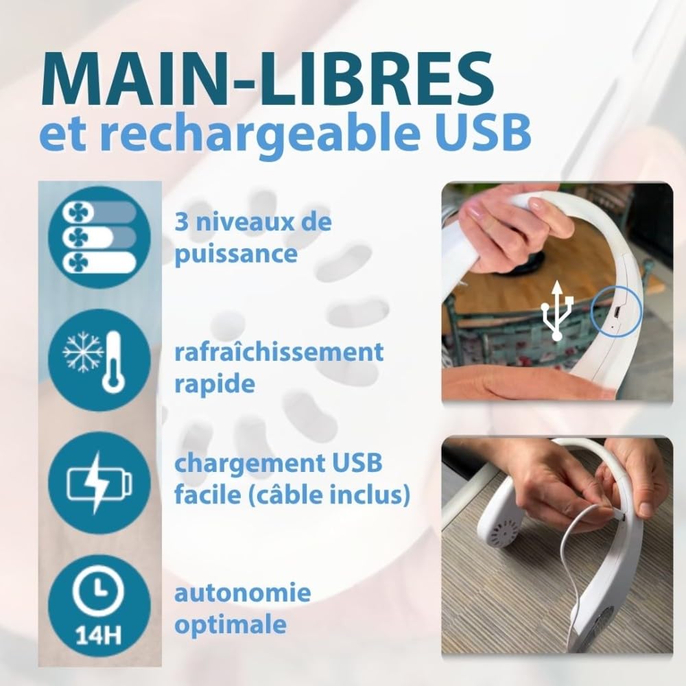 Ventilateur de cou portable EASY BREEZE de Mini ventilateur mains libres rechargeable USB