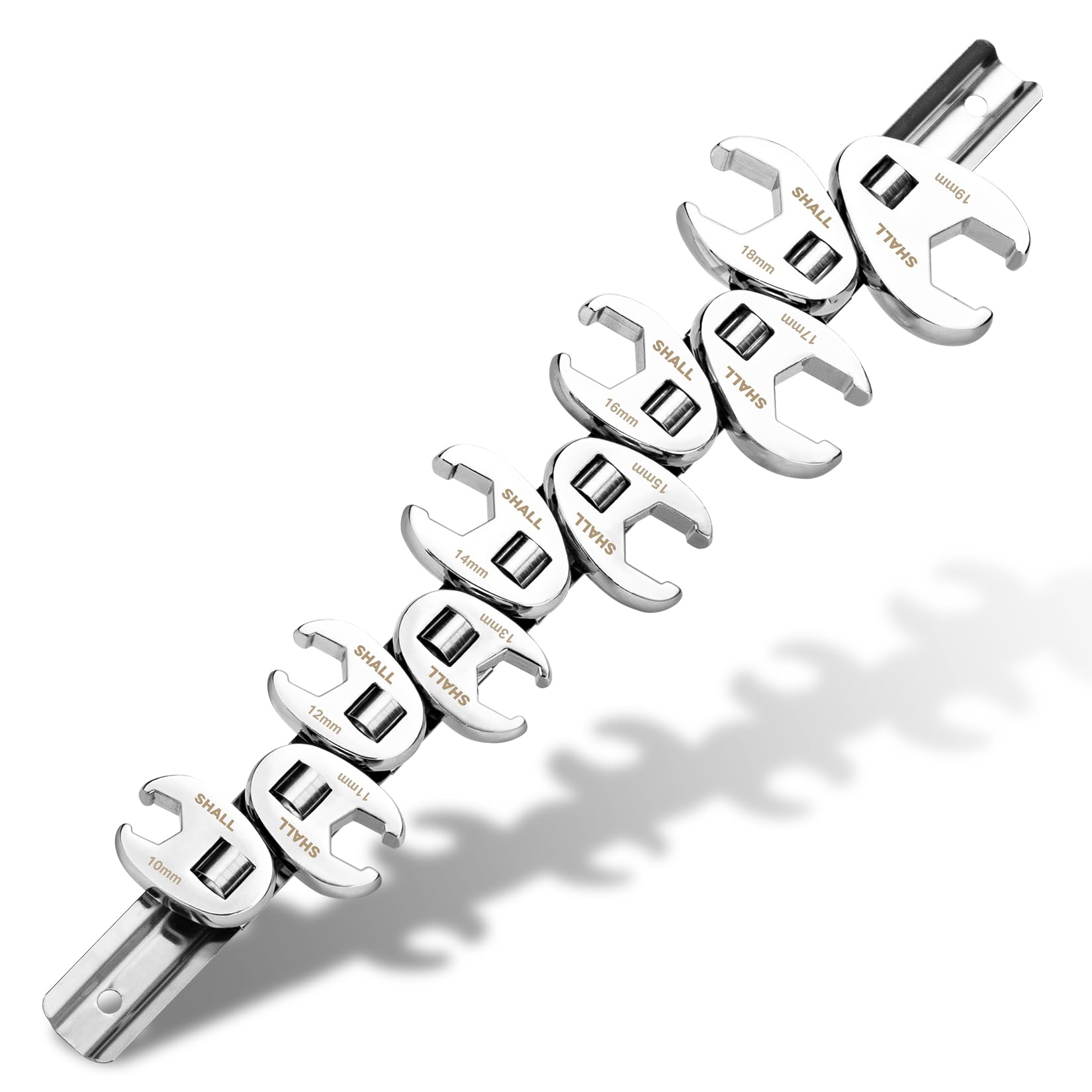 Shall 3/8" Flare Nut Wrench Set, 10-Piece Metric Crowfoot Flare Nut Tool Kit for Nut Removal 10-19mm, Clip-on Organizer