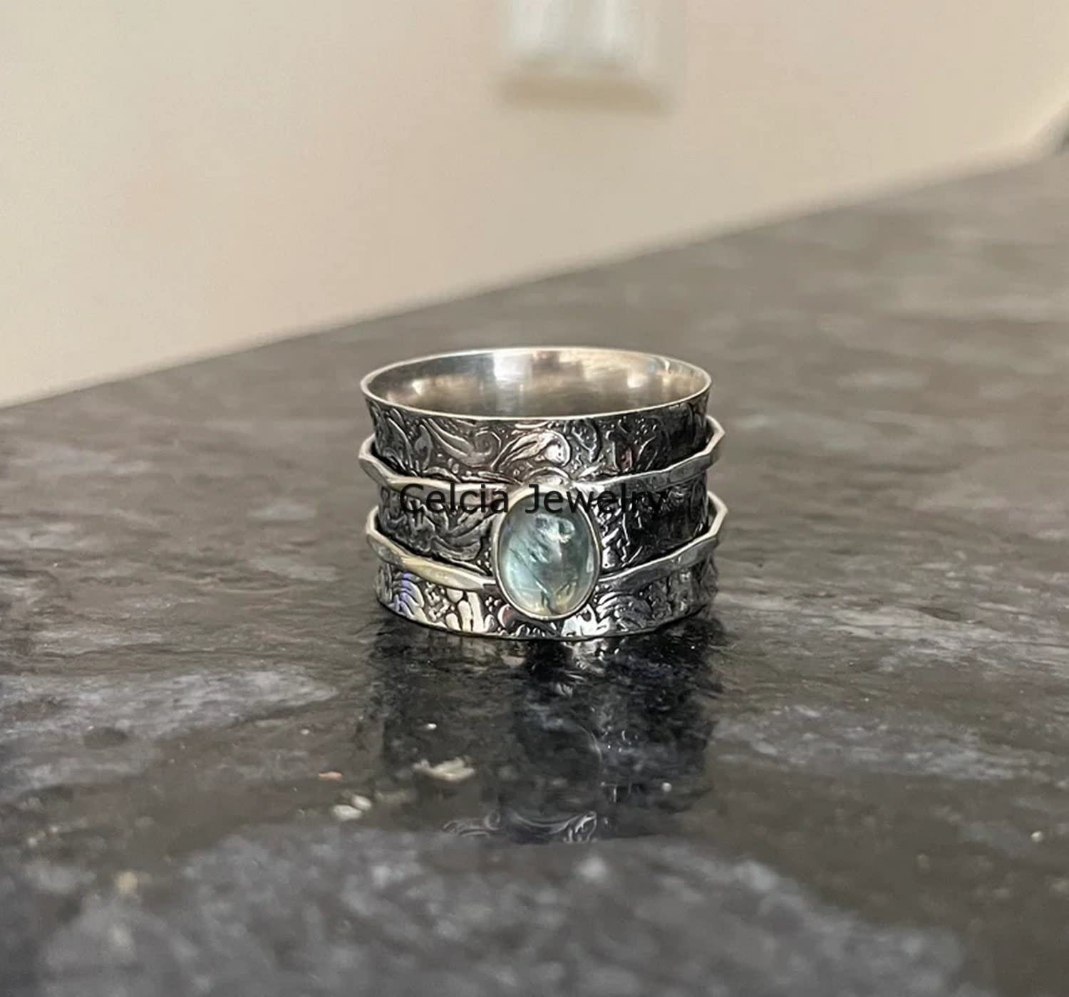 Natürlicher Amazonit-Edelstein-Blumen-Blumen-Designer-Spinner-Ring, echter 925er Sterlingsilber-Meditationsring, Angst-Ring, ethnischer Fidget-Ring, oxidierter Silber-Spin-Ring