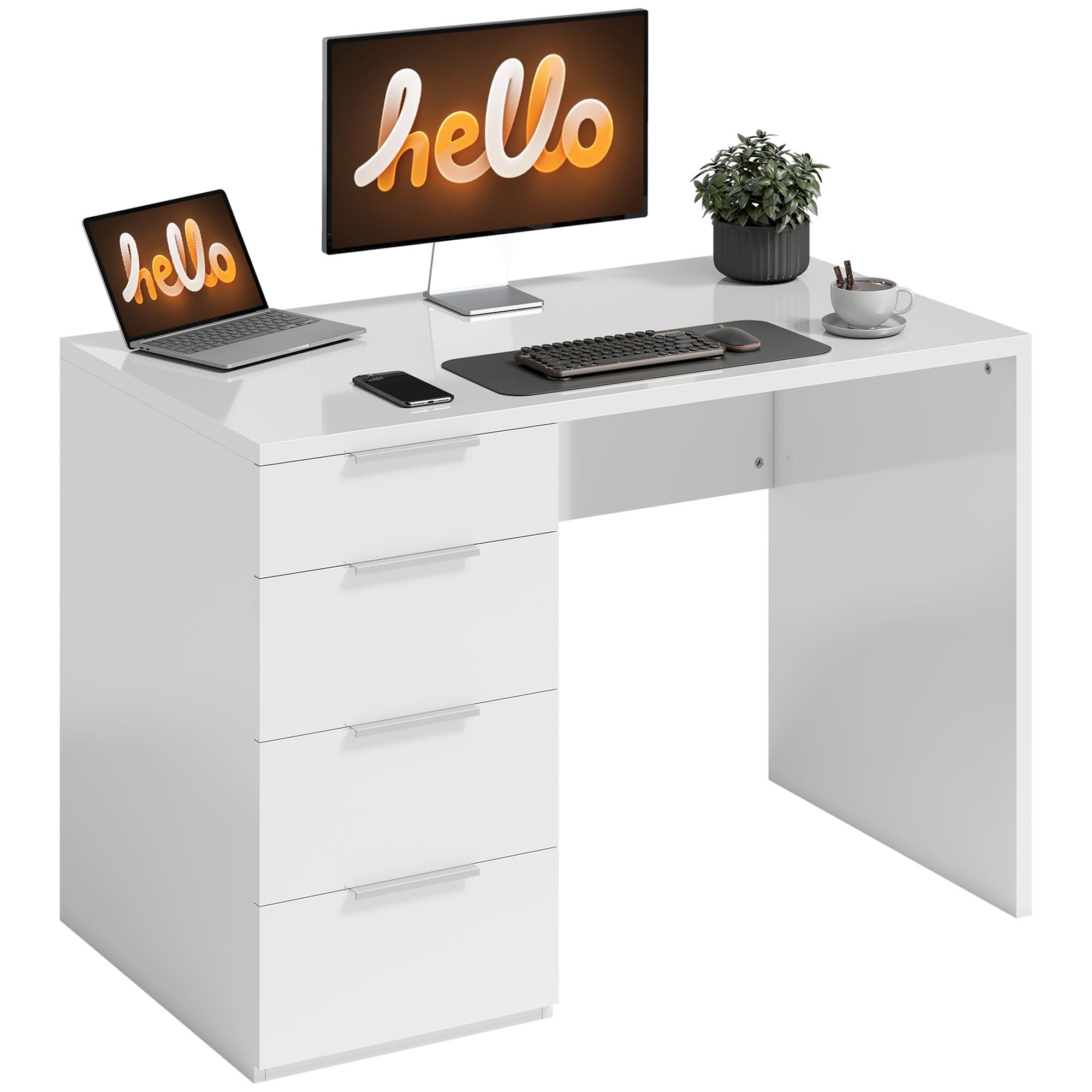 HOMCOM Scrivania Salvaspazio con 4 Cassetti 110x61.5x75 cm Bianco Lucido | Scrivania Moderna, Tavolo Computer, per Casa Studio Camera Ufficio