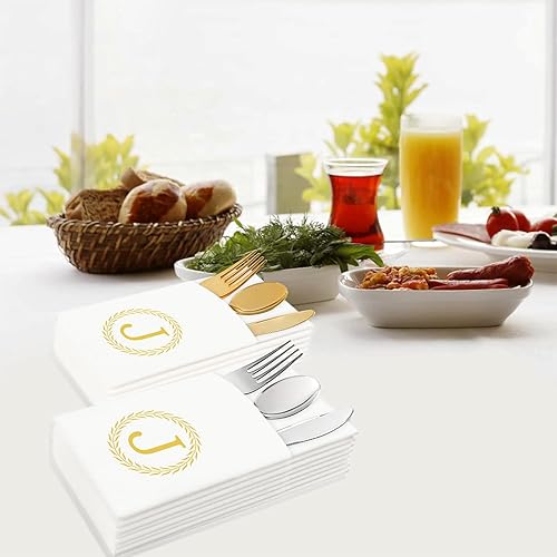 Miniatura 3 de Servilletas desechables con monograma con bolsillo, 50 servilletas de cena con letra J Pocekt con bolsillo integrado para cubiertos, tela preplegada