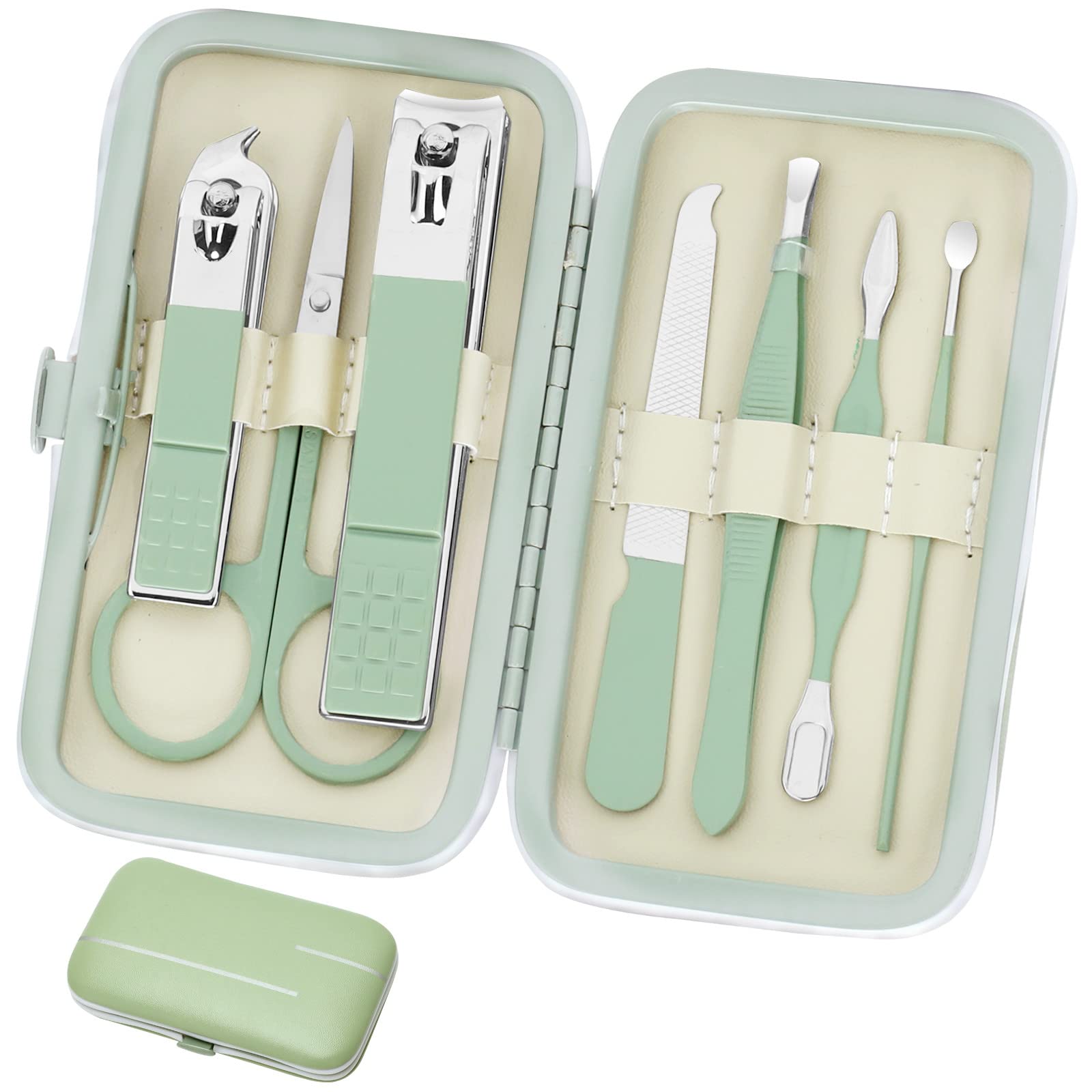 Nail Clippers Set Manicure Set Professional Men Women Grooming Set Aceoce 8 in 1 Stainless Steel Nail Care Tools with Mini Luxurious Travel Green Case Gifts for Business Familly Friend（Mint Green)）