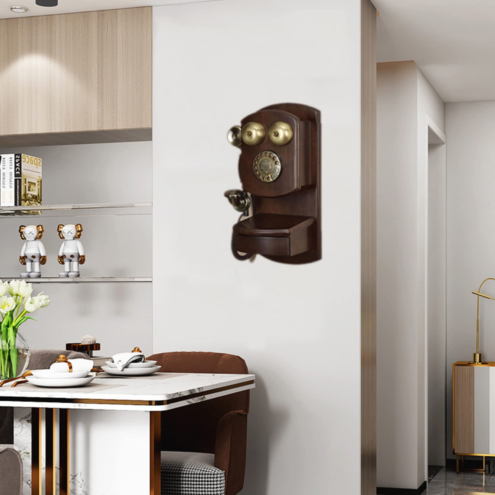 Téléphones Fixes Classiques rétro à l'ancienne - Téléphone à Cadran Rotatif Mural avec Cloche en métal Classique et Fonction Mains Libres et Recomposition pour décor de Bureau à Domicile Bois appliq