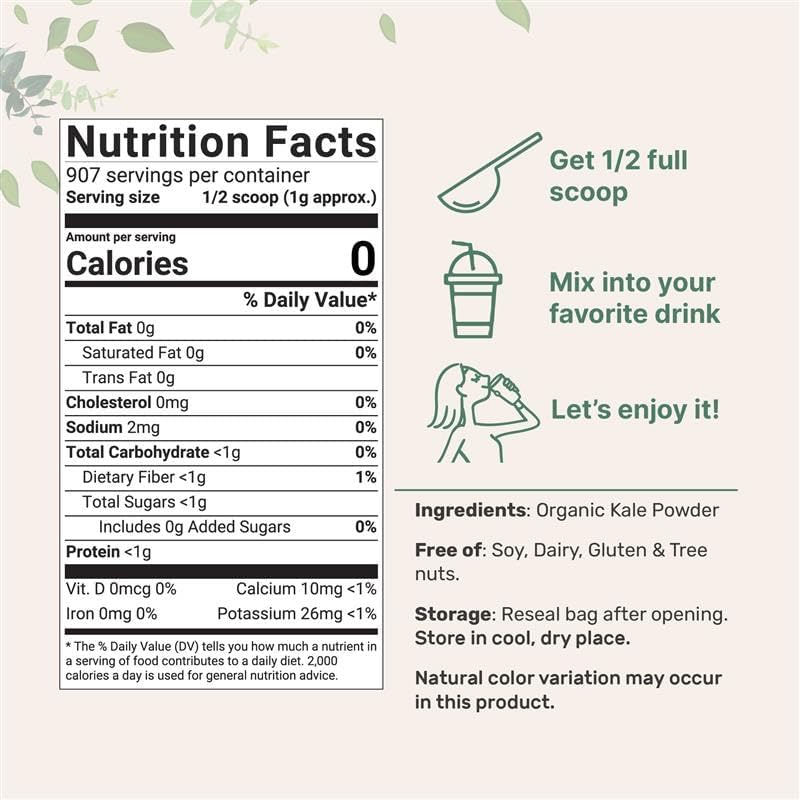 Sustainably US Grown, Organic Kale Powder, 2 Pounds | Fresh Freeze Dried Source | Nutrient-Dense Greens Superfood | Kale Tea and Green Drink Mix | 907 Servings, No GMOs, Vegan Friendly - Image 2