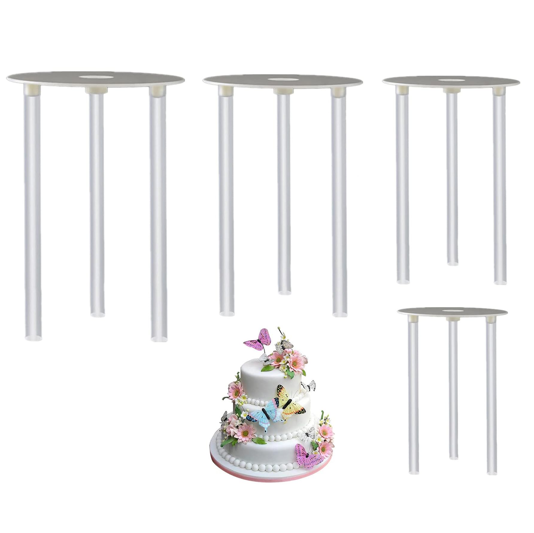 Cake Tier Supports - 4 Reusable Cake Boards (9/12/16/20cm) and 12 Dowel Rods for Tiered Cake Construction and Stacking