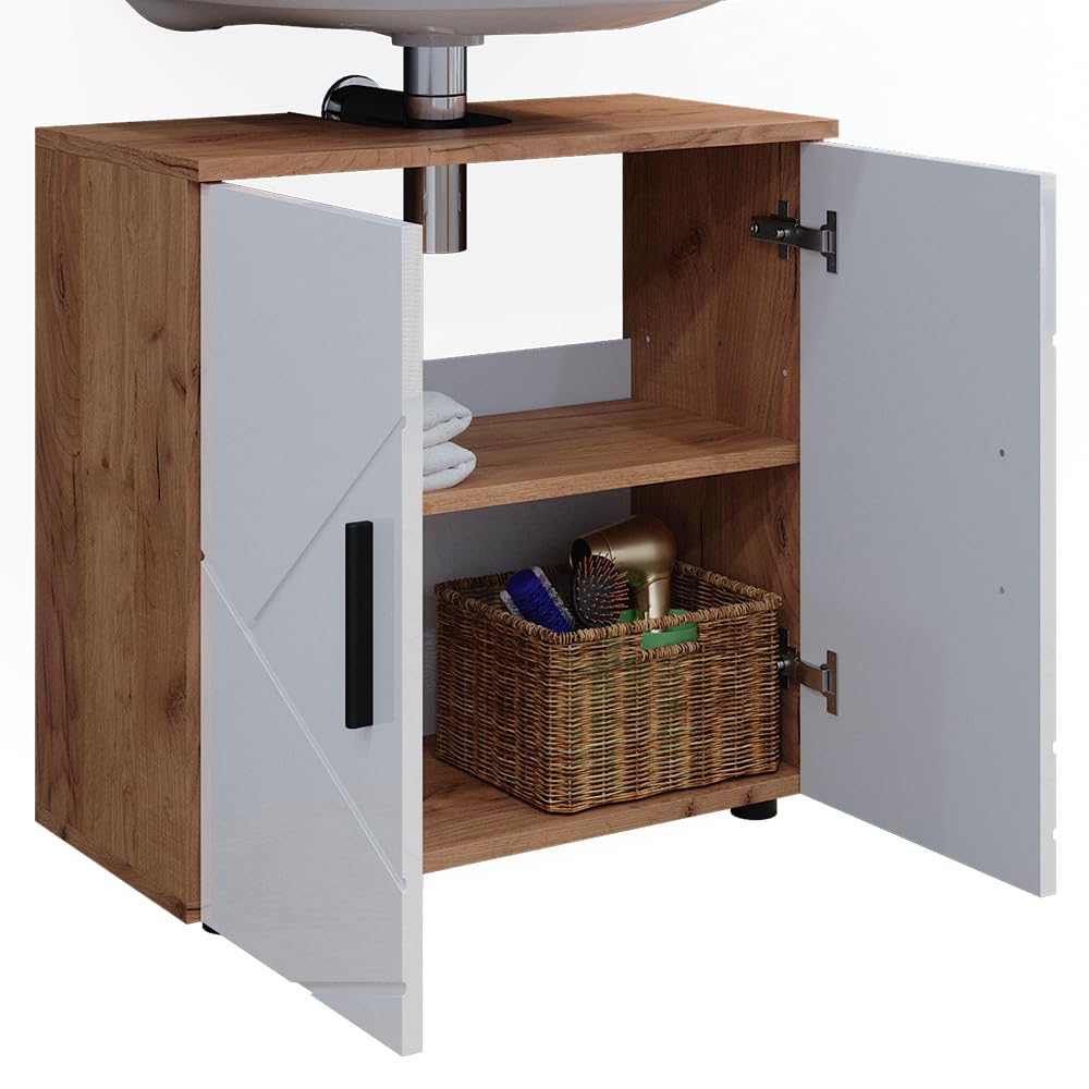 Vicco Waschbeckenunterschrank Irma, Weiß Hochglanz/Goldkraft Eiche, 60 x 59 cm, mit Siphonaussparung und Einlegeboden zur Aufbewahrung
