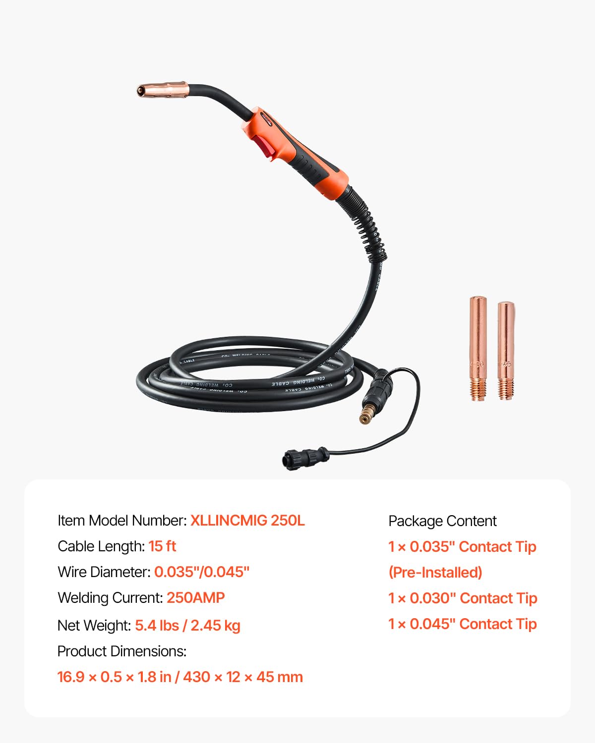 VEVOR Pistolet spawalniczy z kablem 4,5 m, 250 A, kompatybilny z Lincoin Power MLG 200, 215, 216, 255 i Wire-Matic 255, do drutów spawalniczych 0,89 mm 1,14 mm, różne zadania spawalnicze, czarny,