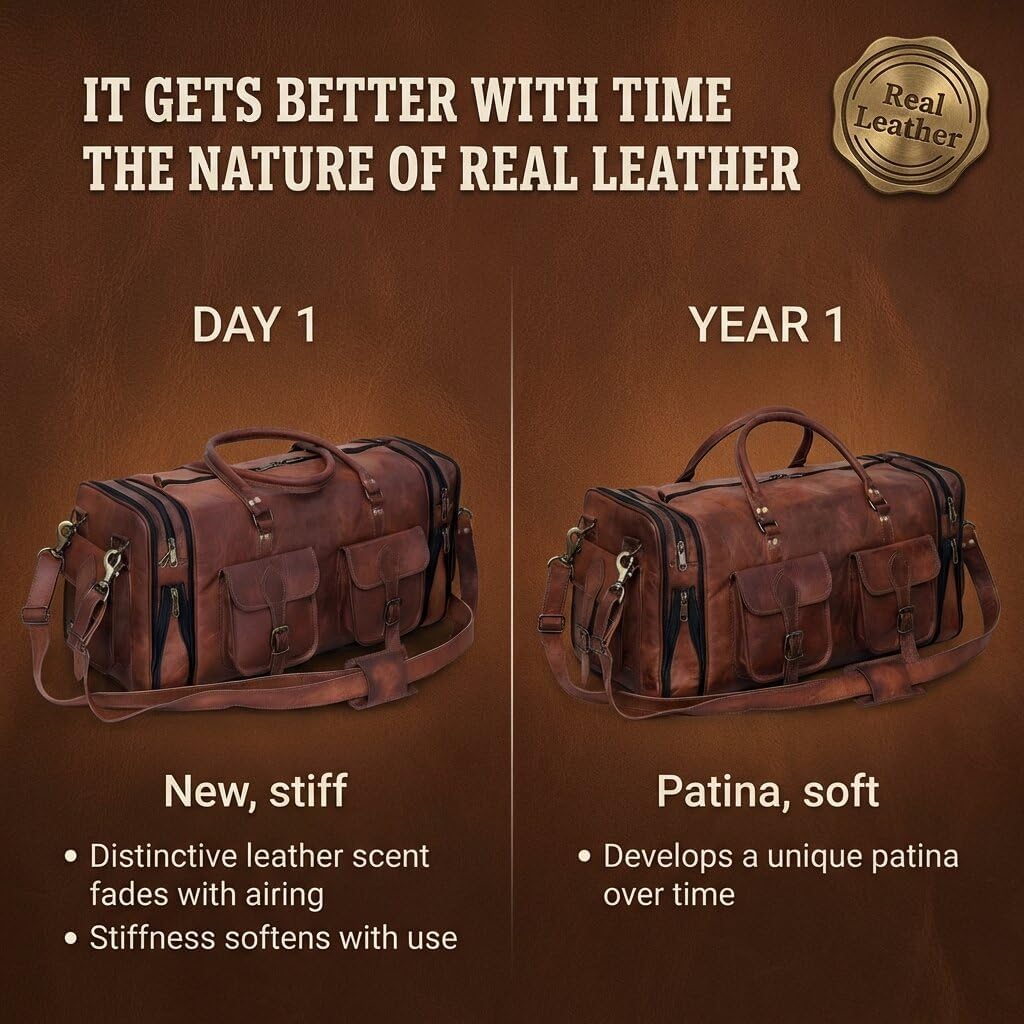 Weekender Leather Duffel Bag Overnight Women Men Girls Boys Vintage Travel Duffle with Shoulder Strap Carry On Sports Gym 20 Inch Handmade Leather Luggage Carryall Cool Gifts for Him by Cureo
