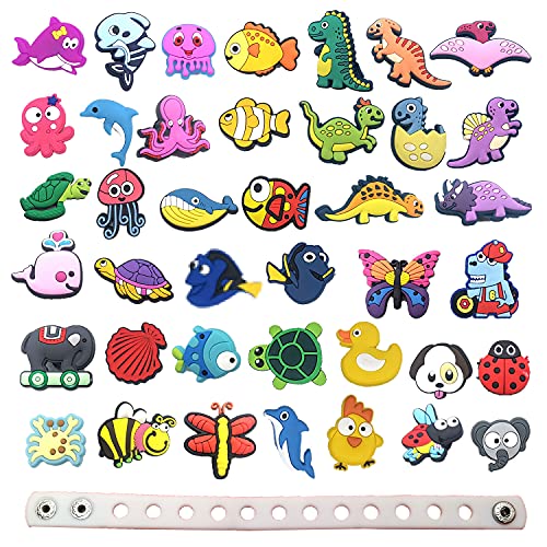 Set of 40 Different Shape PVC Shoe Charms Decoration with 1PC Wristband, Dinosaurs Fish Dolphins Turtles Animals for Clog Sandals Bracelets Themed Party Favor Birthday Gifts