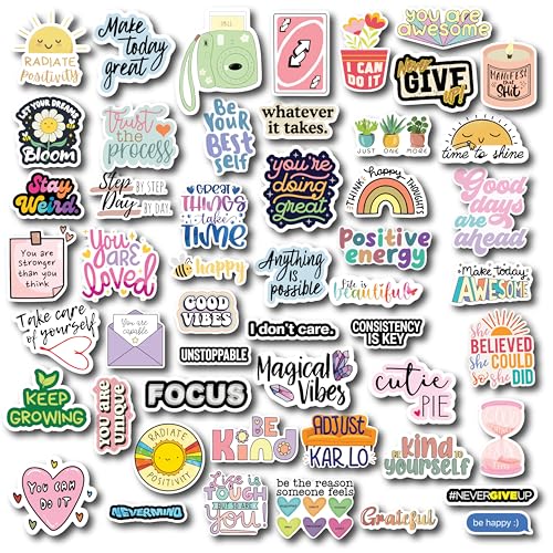 Image of D2C Positive Affirmation Stickers Set, 53-Piece, Motivational and Inspirational Quotes, for Water Bottles, Laptops, Journals, DIY Projects & Scrapbook