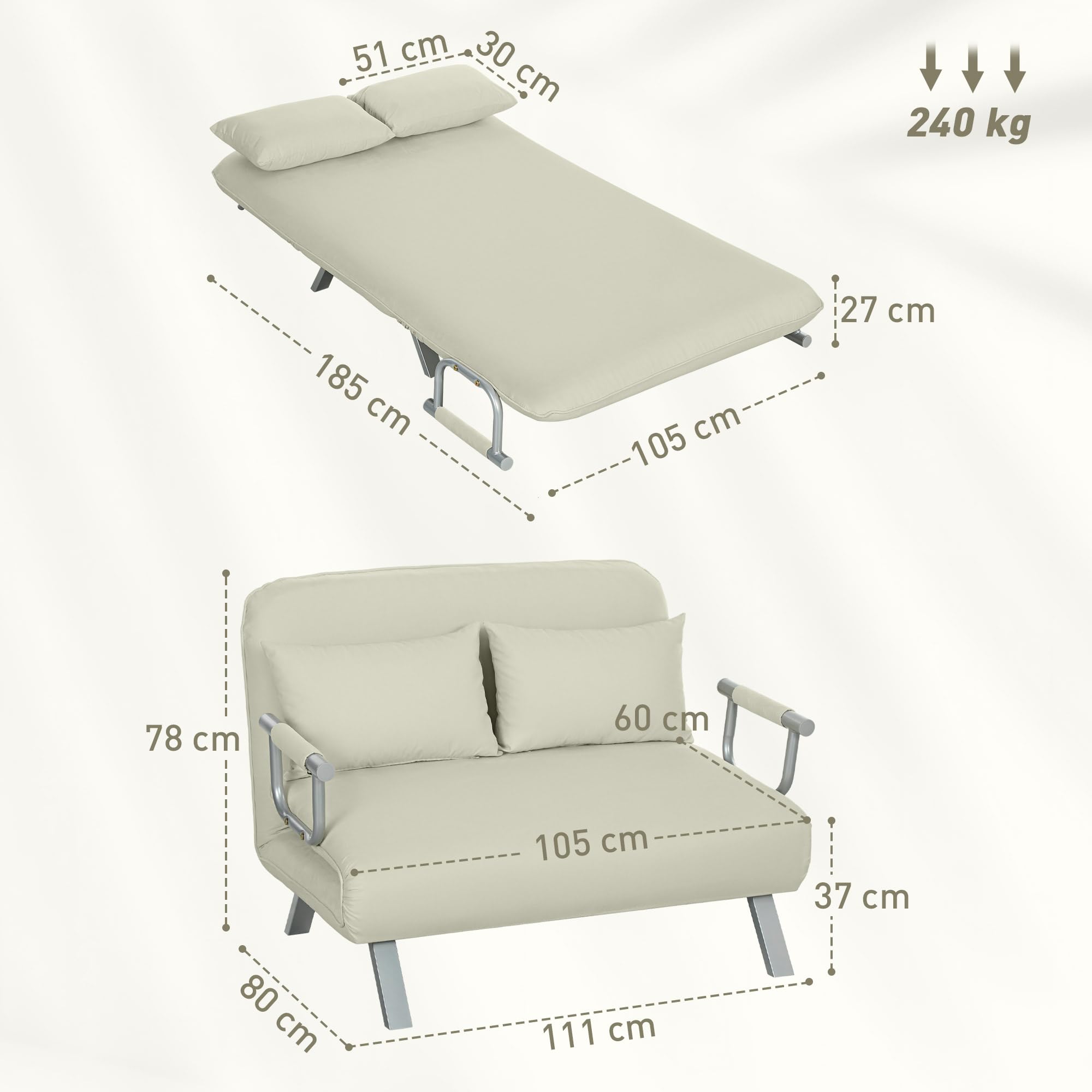 HOMCOM Sofá Cama de 2 Plazas 3 en 1 Sofá Cama Plegable Tapizado en Ante Sintético con Respaldo Ajustable de 5 Niveles y 2 Almohadas Acolchadas para Oficina Dormitorio Salón 111x80x78 cm Crema