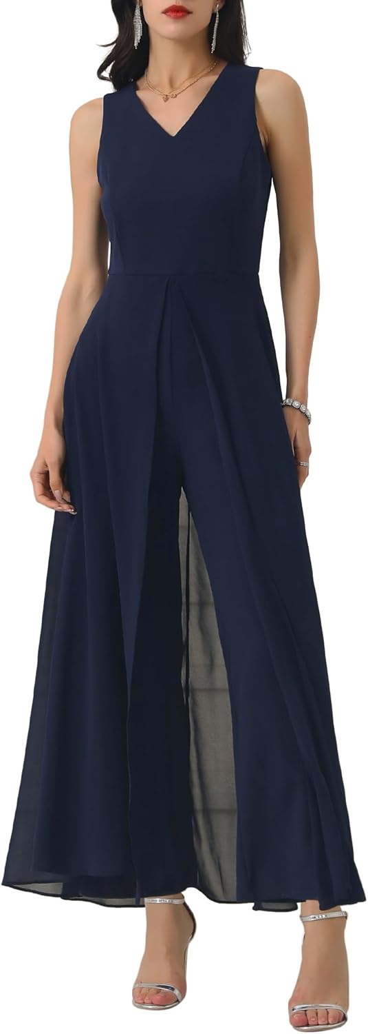 WOMLAYOUT Women's Wide Leg Jumpsuits Chiffon Sleeveless Cocktail Formal Jumpsuit Pants for Dressy